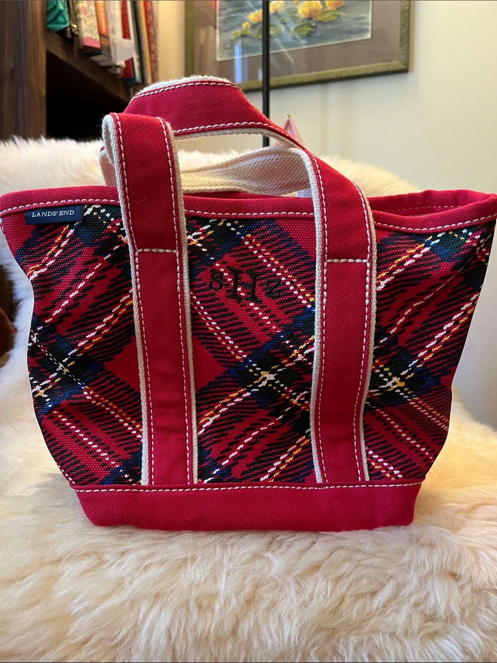 Lands' End Red Plaid Canvas Tote with Contrast Handles
